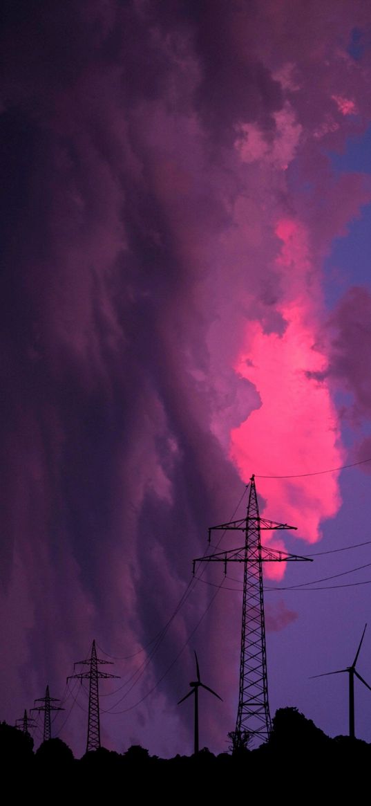 sky, clouds, pink, windmill, tower, twilight