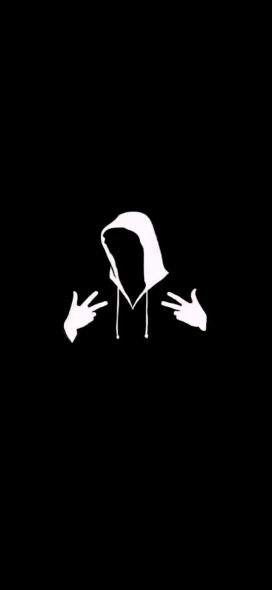 hood, hands, gesture, black background, art