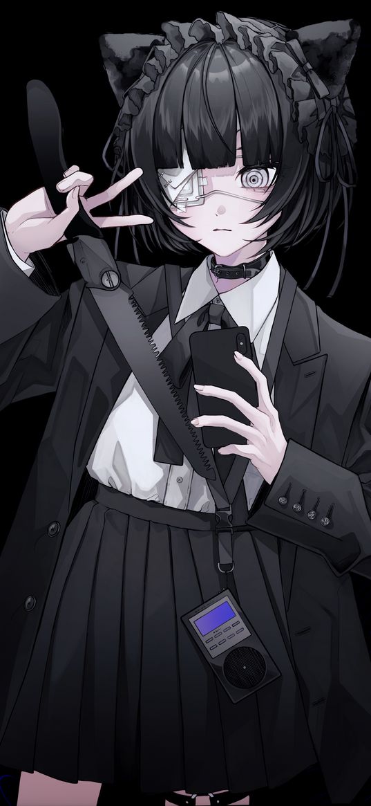 neko, girl, jacket, skirt, knife, smartphone, selfie, eye patch, madness, black background, anime, art