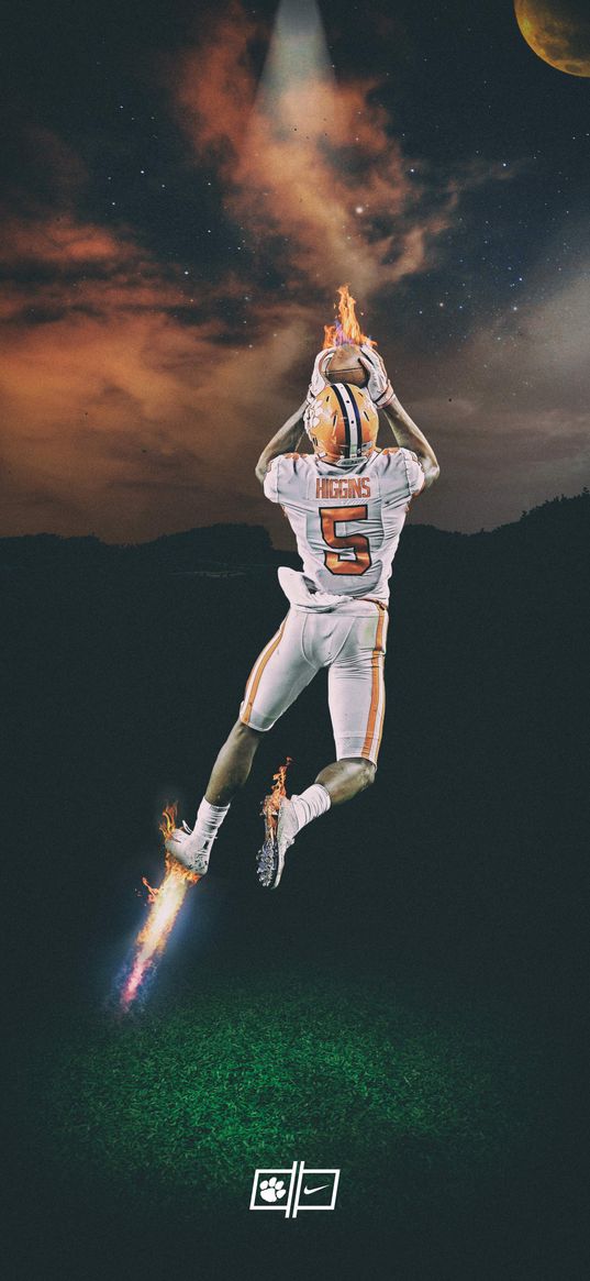 football player, american football, ball, fire, jump, nike, stars, moon, light, sport