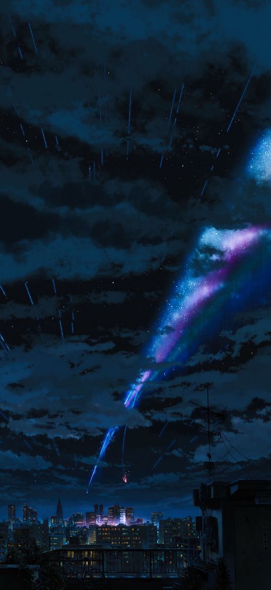 your name, anime, comets, city, clouds, night, glow, art