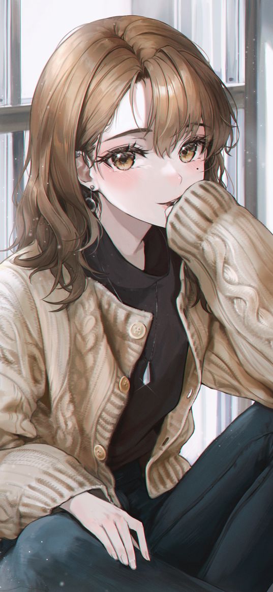 girl, sweater, cute, beautiful, window, sitting, anime, art