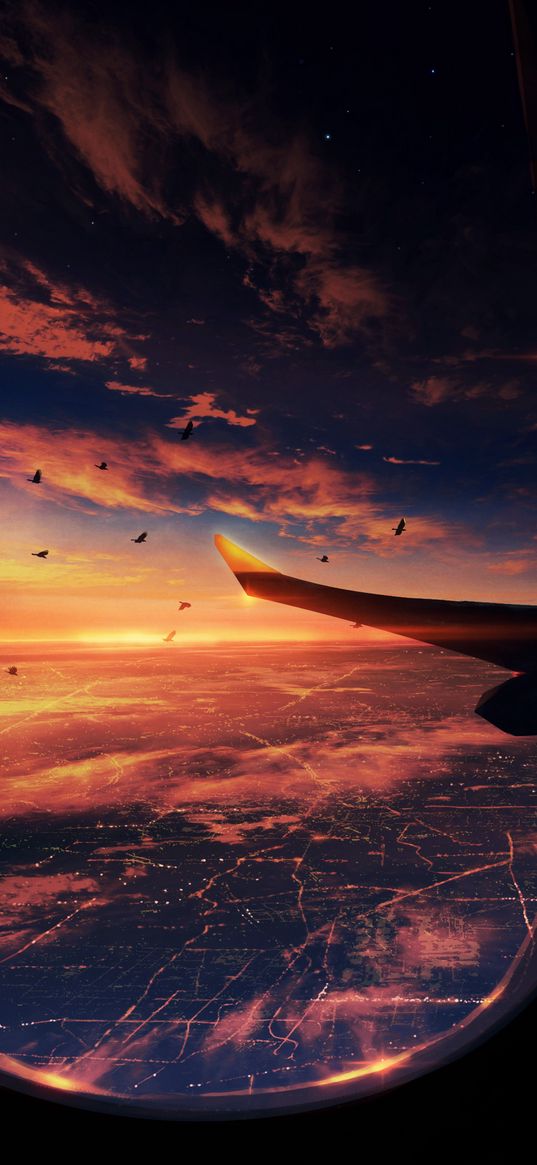 porthole, wing, airplane, flight, city, lights, birds, sunset, horizon, clouds, sky, anime, art