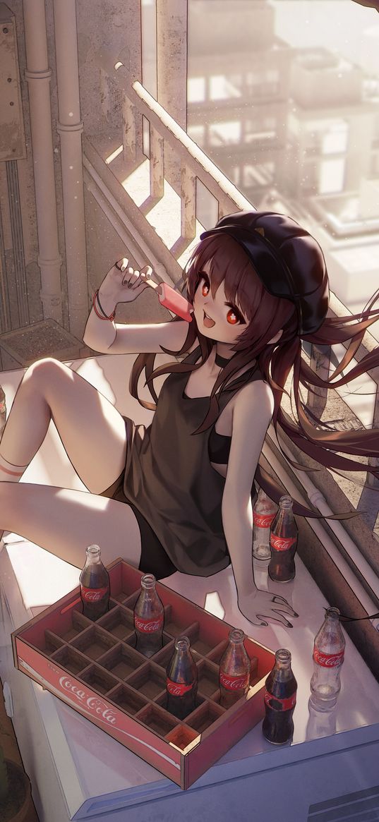 hu tao, genshin impact, game, anime, girl, cap, ice cream, coca-cola, bottles, box, balcony, summer, art