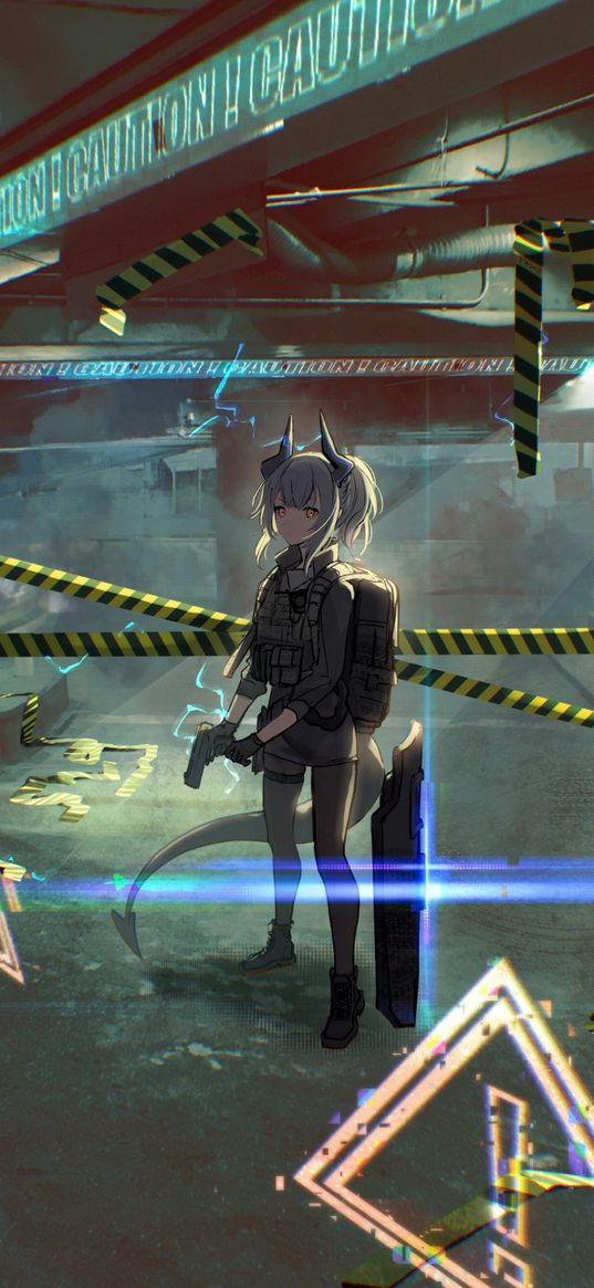 liskarm, arknights, game, anime, girl, horns, tail, soldier, gun, subway, signal tape, warning, art