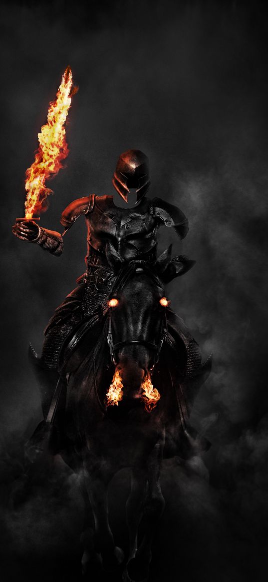 knight, rider, horse, sword, fire, smoke, dark