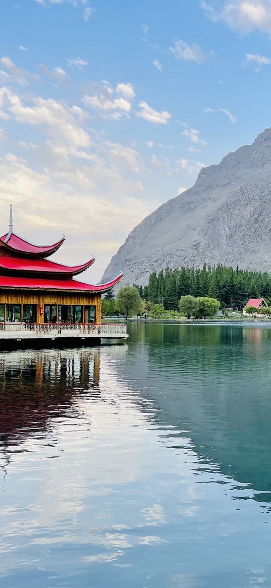 shangri la, hotel, resort, houses, lake, mountain