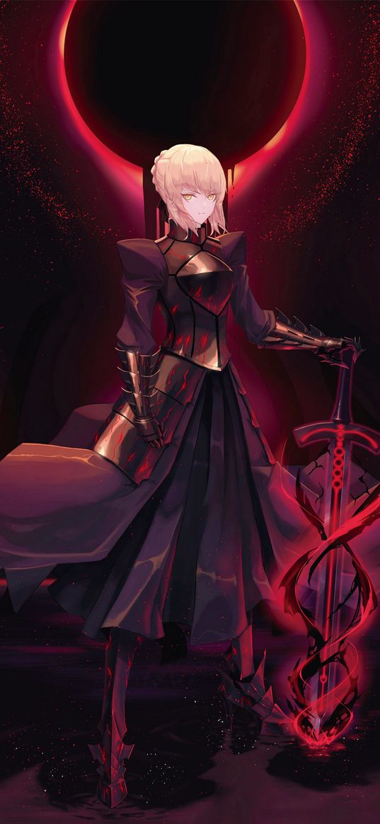 saber alter, fate, anime, girl, sword, moon, black, red