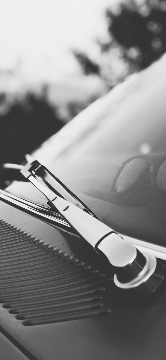 pontiac, car, retro, window, glasses, black and white