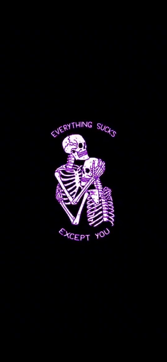 skeletons, couple, embrace, inscription, purple, black background, art