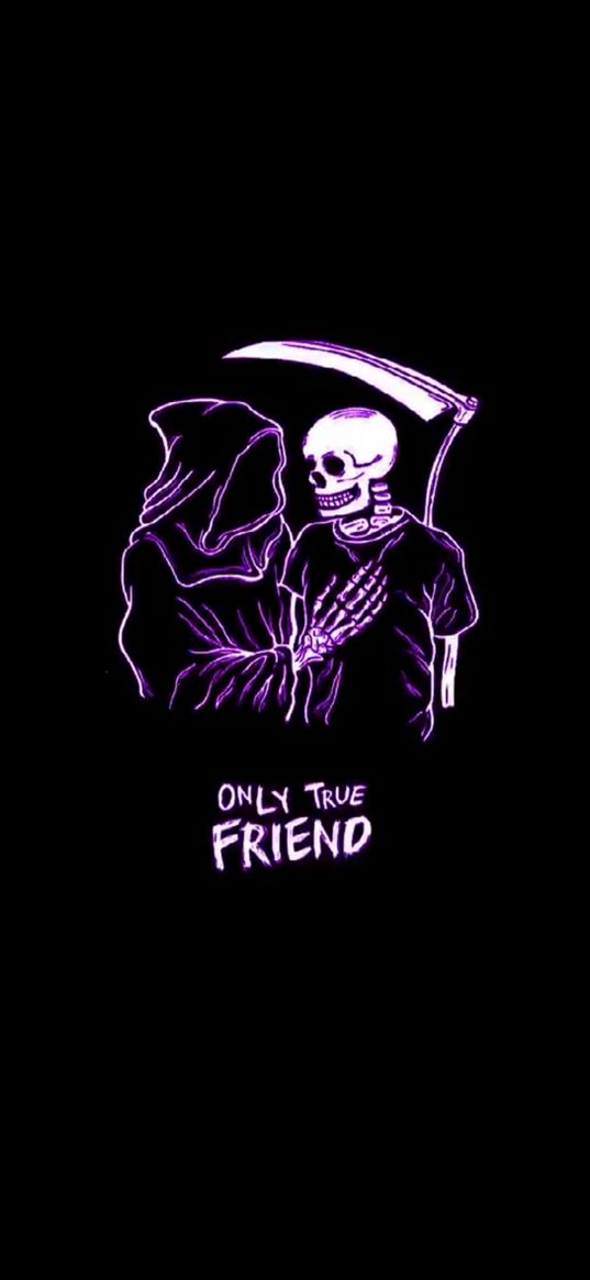 death, hoodie, scythe, skeleton, inscription, purple, black background, art