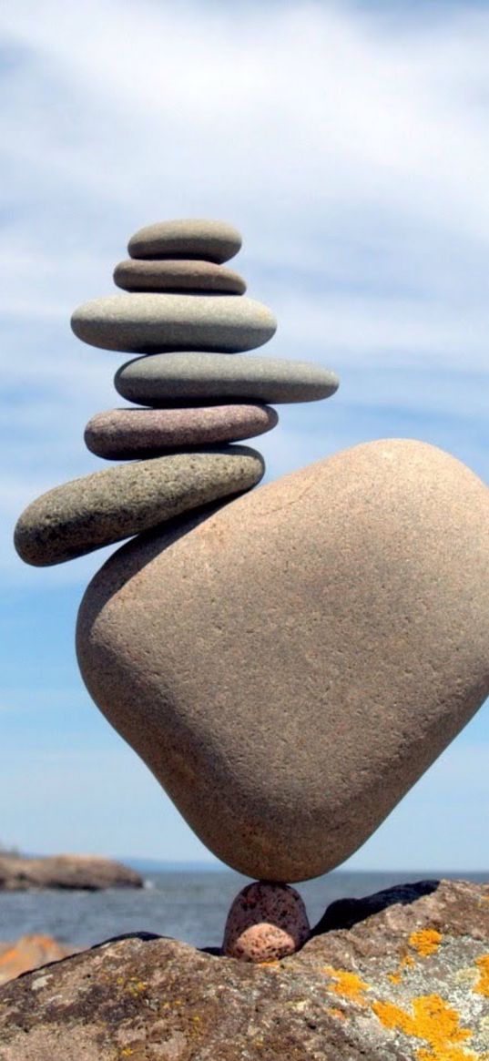 stones, rock, balance, sea, sky, nature