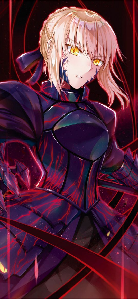 saber alter, fate, grand order, game, anime, girl, blonde, yellow eyes, armor, warrior, magic, red, art