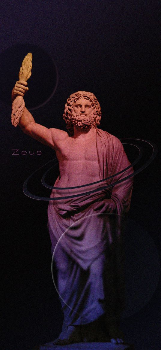 zeus, statue, circles, black background, minimalism, art