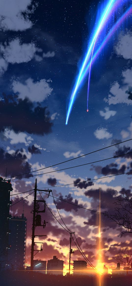 your name, anime, comets, city, sunset, clouds, sky, art