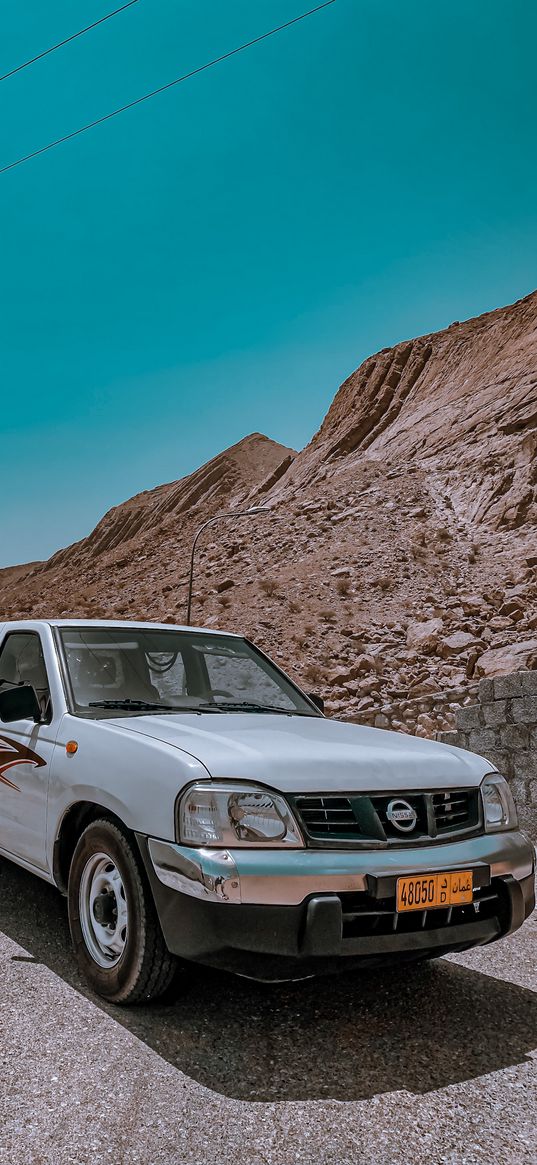 nissan navara, nissan, car, pickup truck, white, desert, mountains