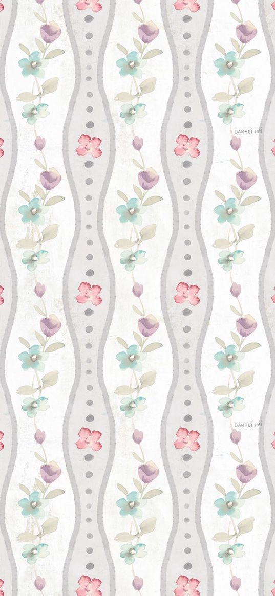 flowers, polka dots, gray, watercolor, art