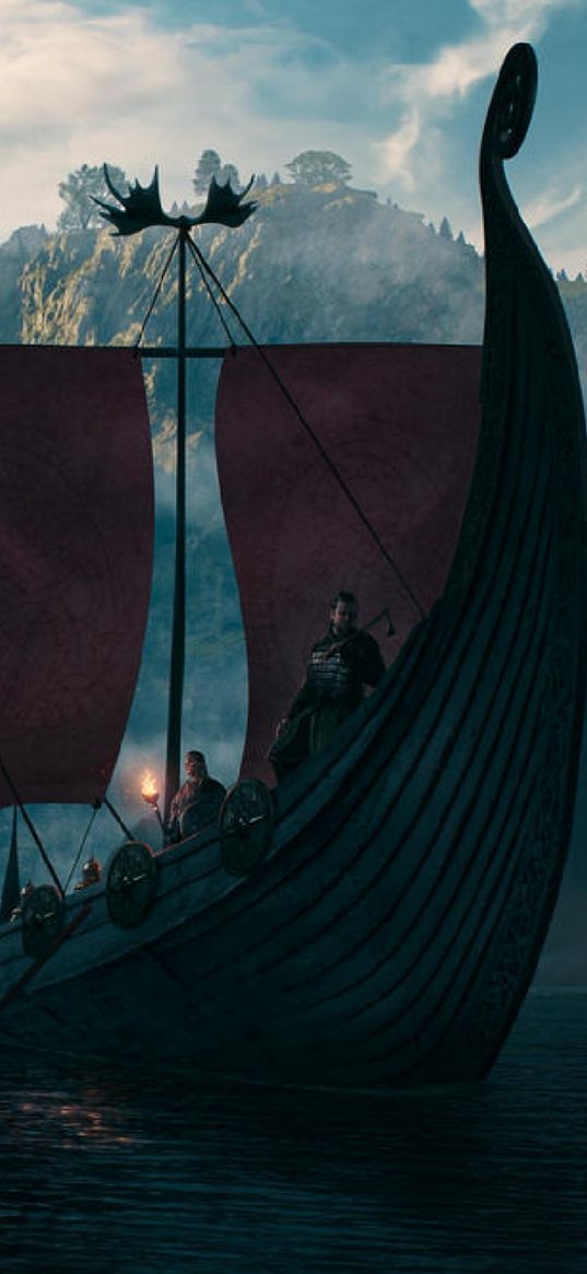 vikings, ship, sea, drakkar