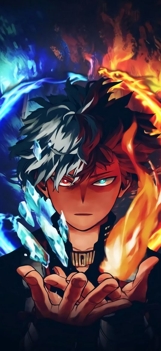 shoto todoroki, my hero academia, anime, art, fire, ice