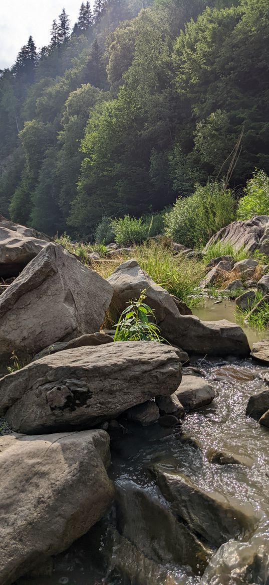 mountain, hike, rock, river