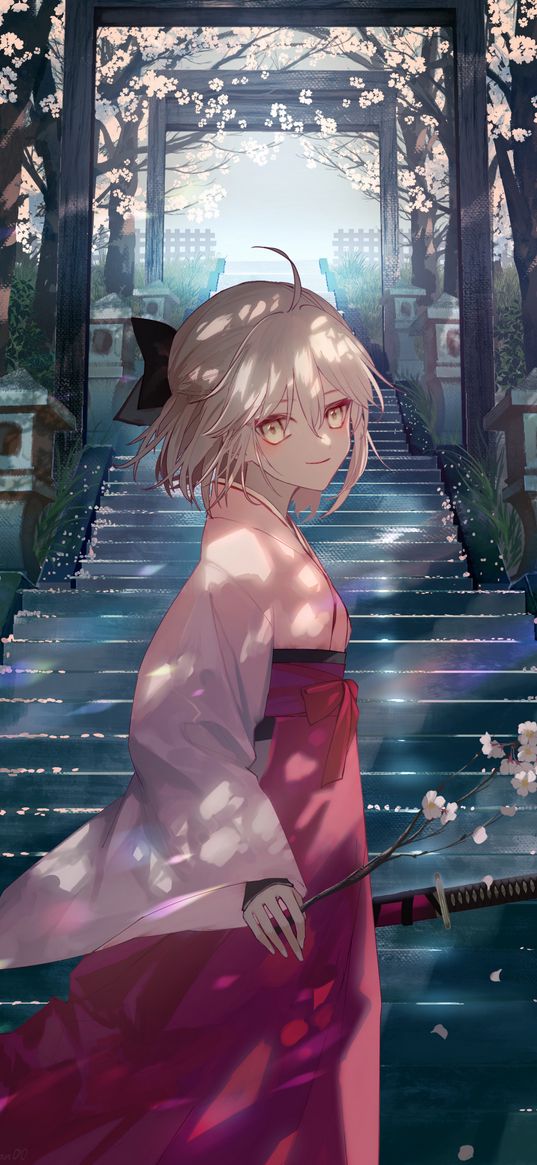 okita souji, fate, anime, girl, art, katana, kimono