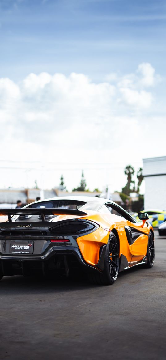 mclaren 600lt, mclaren, car, yellow, back view