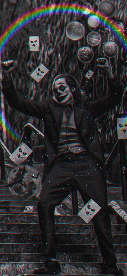 joker, movie, joaquin phoenix, actor, ladder, maps, planets, black and white, rainbow