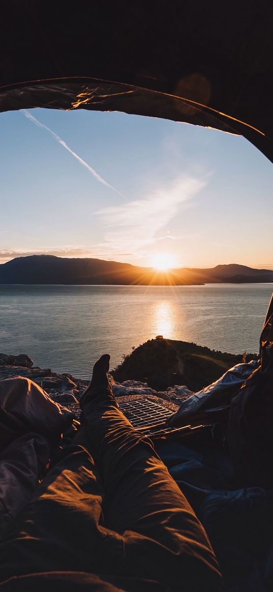 man, tent, mountains, sun, sea, nature