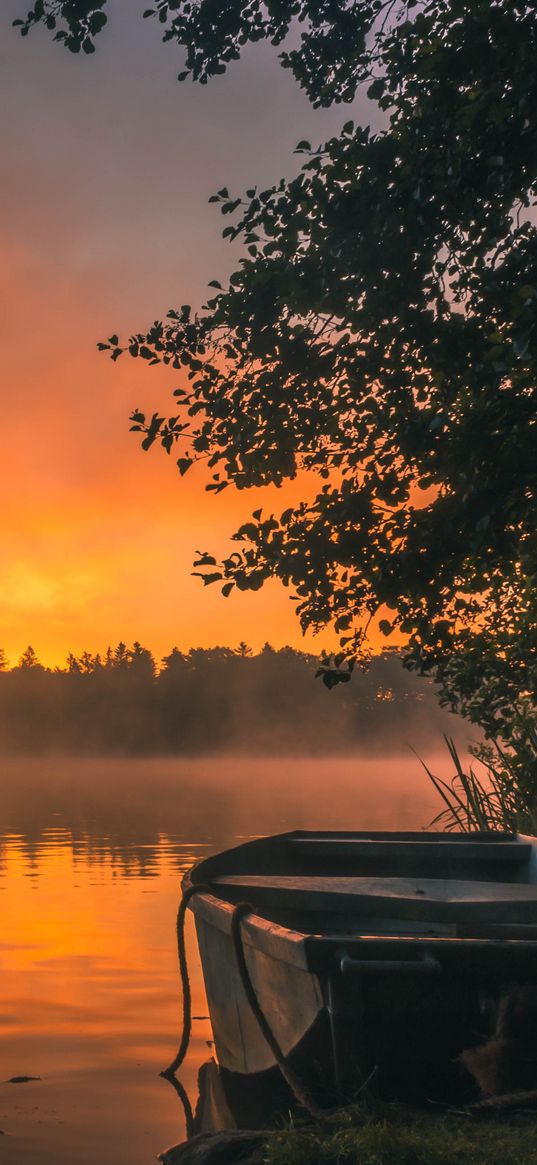 boat, river, fog, sunrise