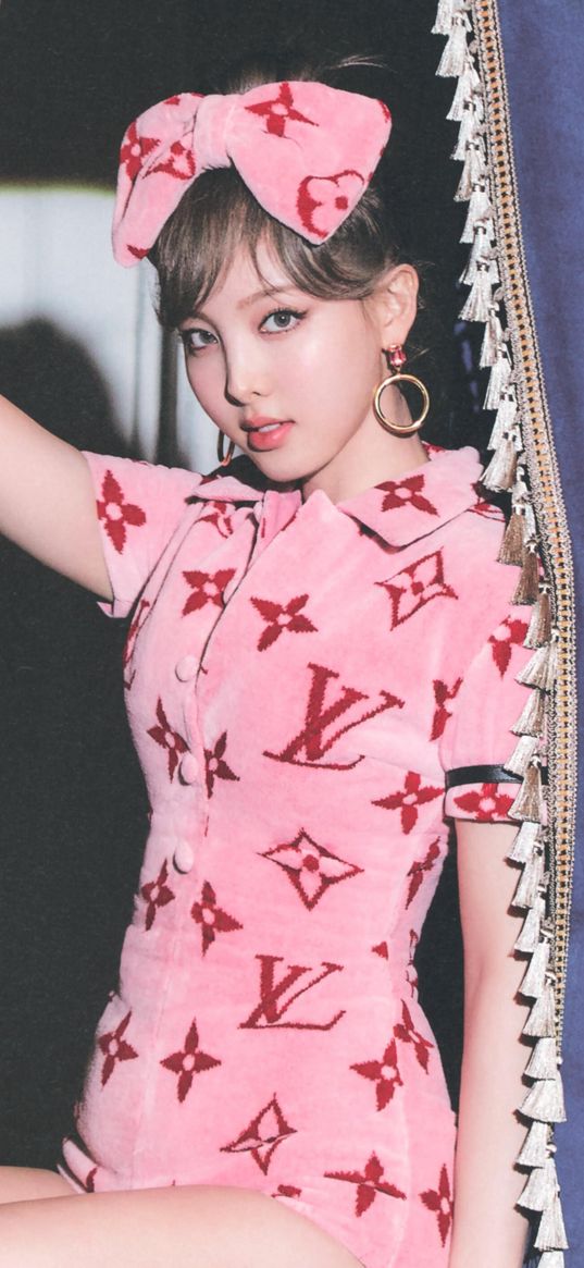 im nayeon, twice, k-pop, singer, girl, model, beautiful, pink suit, louis vuitton, curtain