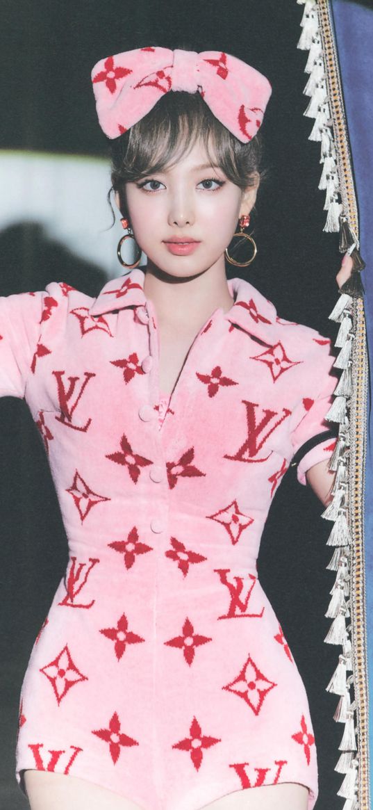 im nayeon, twice, k-pop, singer, girl, model, beautiful, pink suit, louis vuitton, light, curtain