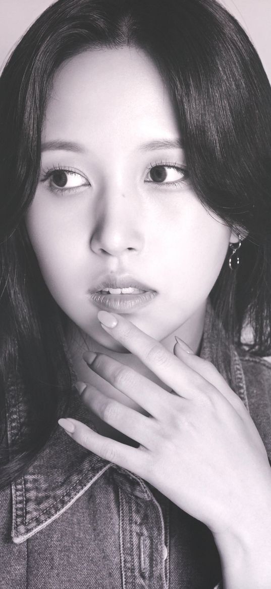 myoui mina, twice, k-pop, singer, girl, cute, beautiful, black and white