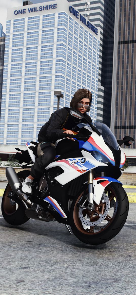 gta, game, girl, motorcycles, bikes, skyscrapers, street, city, art