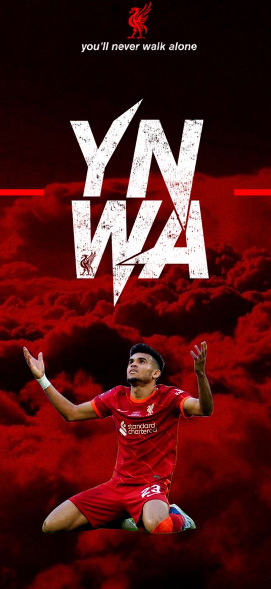 luis fernando diaz, soccer player, soccer, liverpool, ynwa, clouds, red