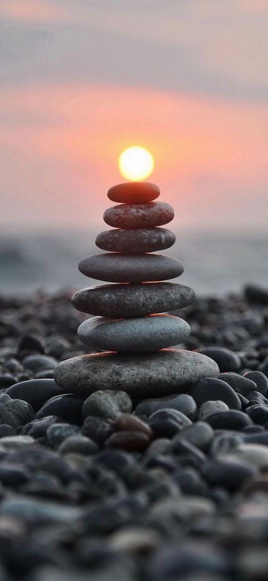 pebbles, stones, balance, pyramid, sun, evening, sunset, nature