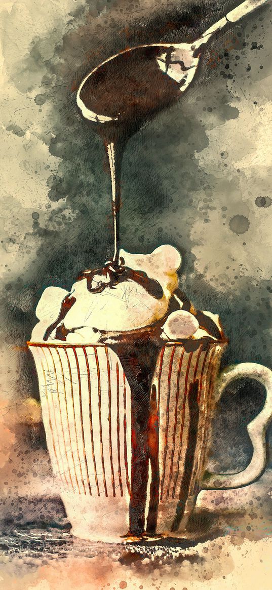 coffee, marshmallow, chocolate, syrup, cup, dessert, painting, drawing