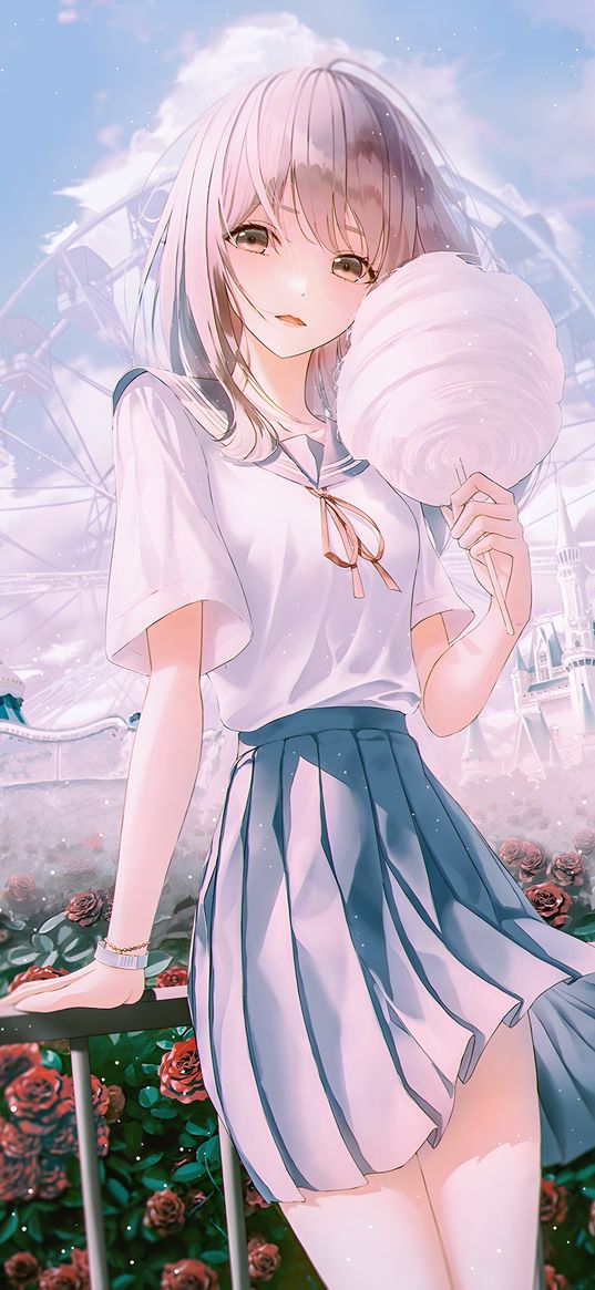 girl, cotton candy, roses, skirt, amusement park, beautiful, cute, anime, art