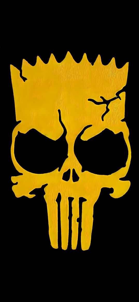 bart simpson, the simpsons, animated series, skull, yellow, crack, black background, art