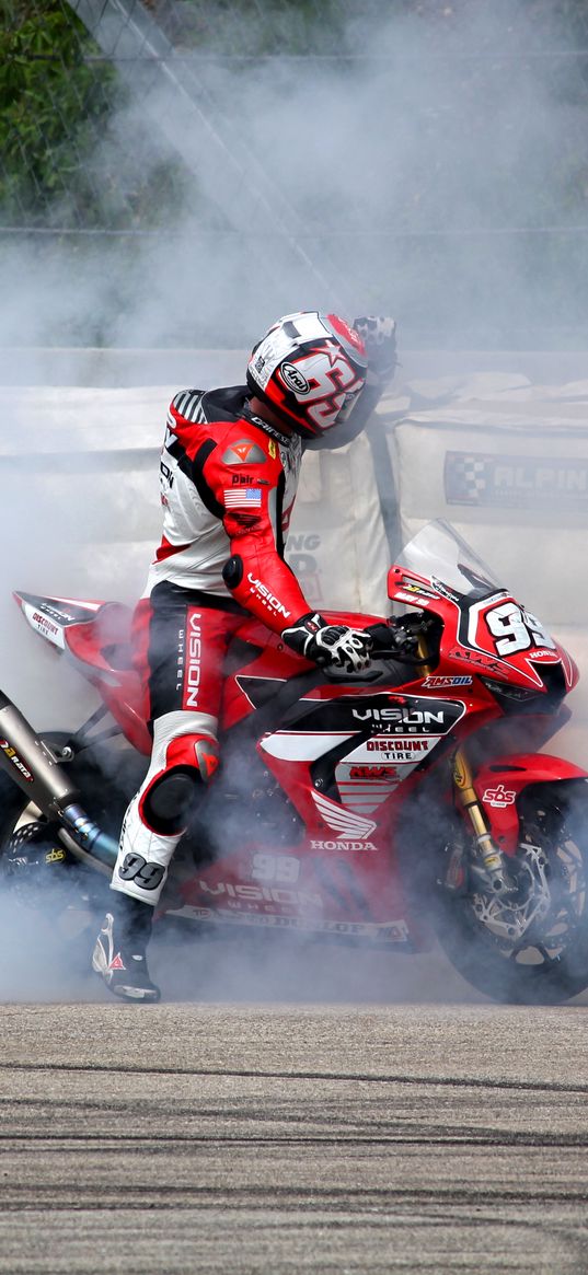 motorcycle, bike, motorcyclist, motorcycle racing, smoke, drift