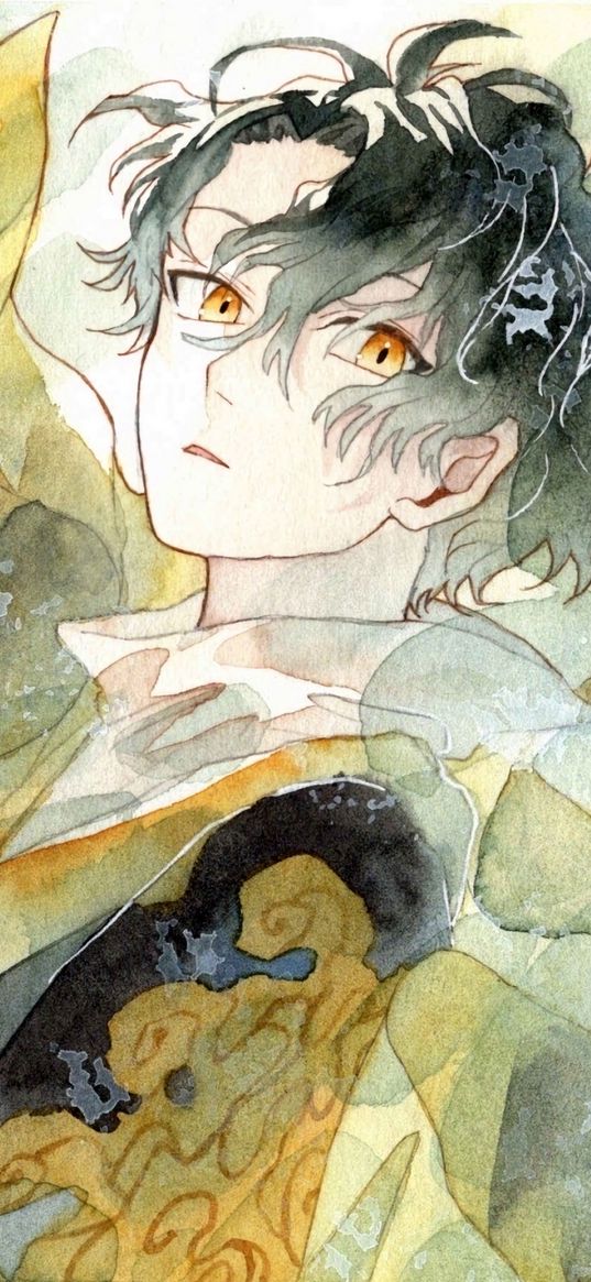 guy, eyes, hair, watercolor, anime