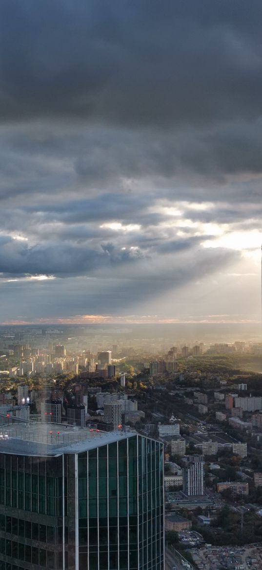 moscow city, buildings, skyscrapers, city, moscow, clouds, sunbeam