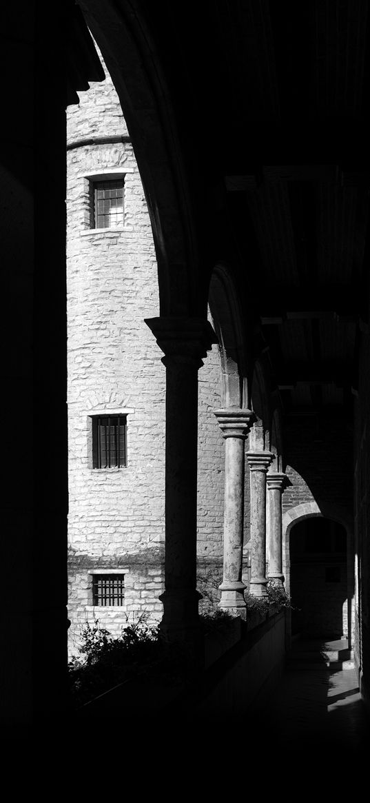 columns, tunnel, architecture, dark