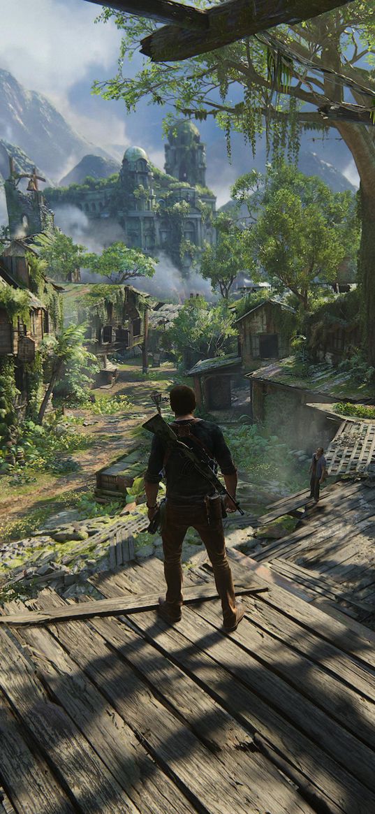 nathan drake, uncharted, game, character, village, castle, nature