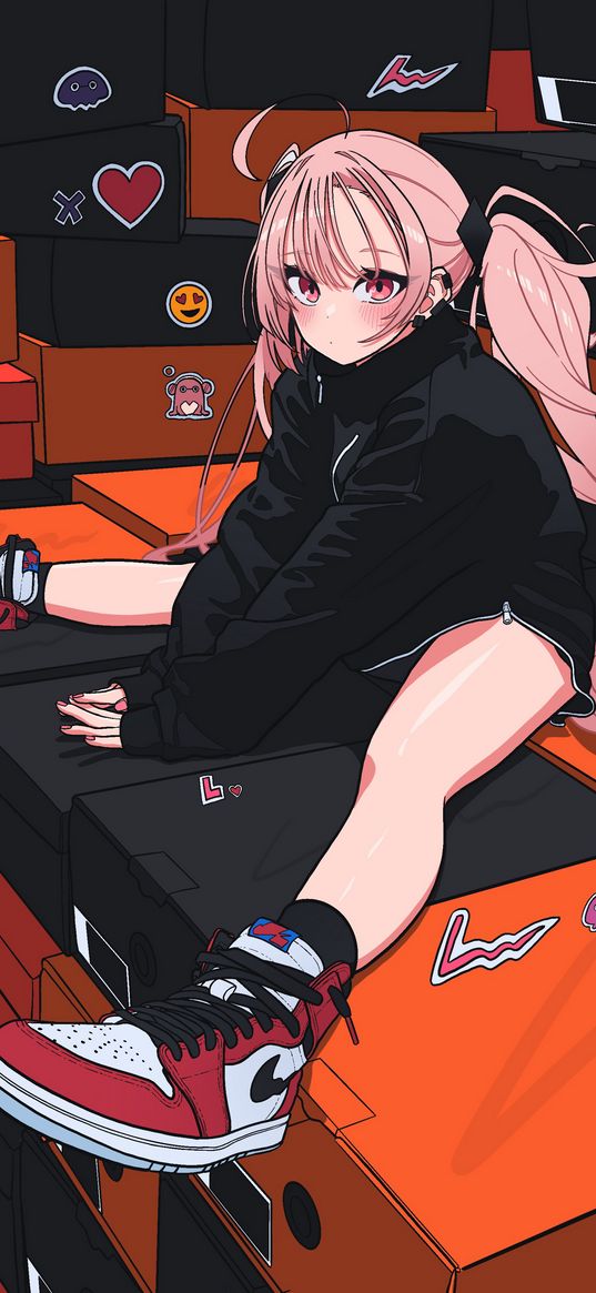 girl, anime, art, sport style, boxes, stickers