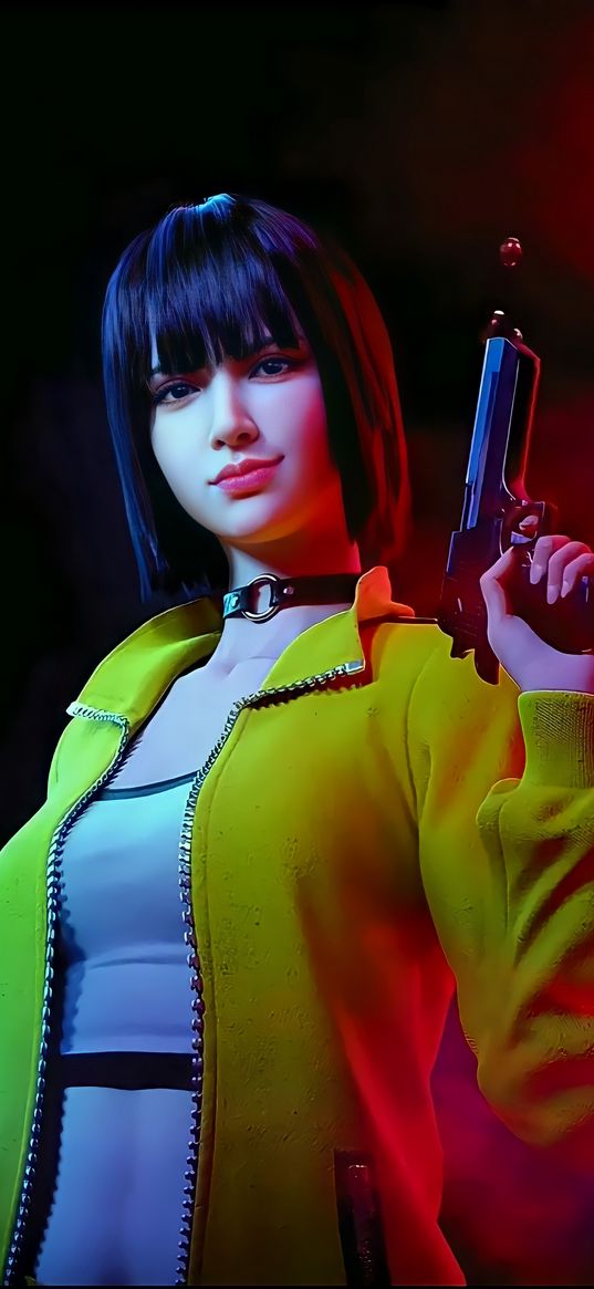 kelly, free fire, game, character, girl, gun, smoke, anime, art