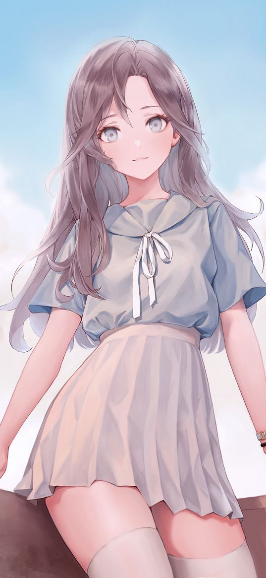 girl, skirt, beautiful, cute, clouds, sky, anime, art