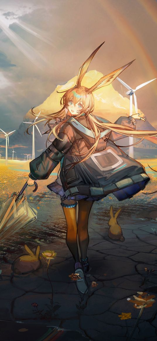 amiya, arknights, anime, girl, neko, umbrella, jacket, rabbits, wind farm, field, rainbow, clouds, rays, art