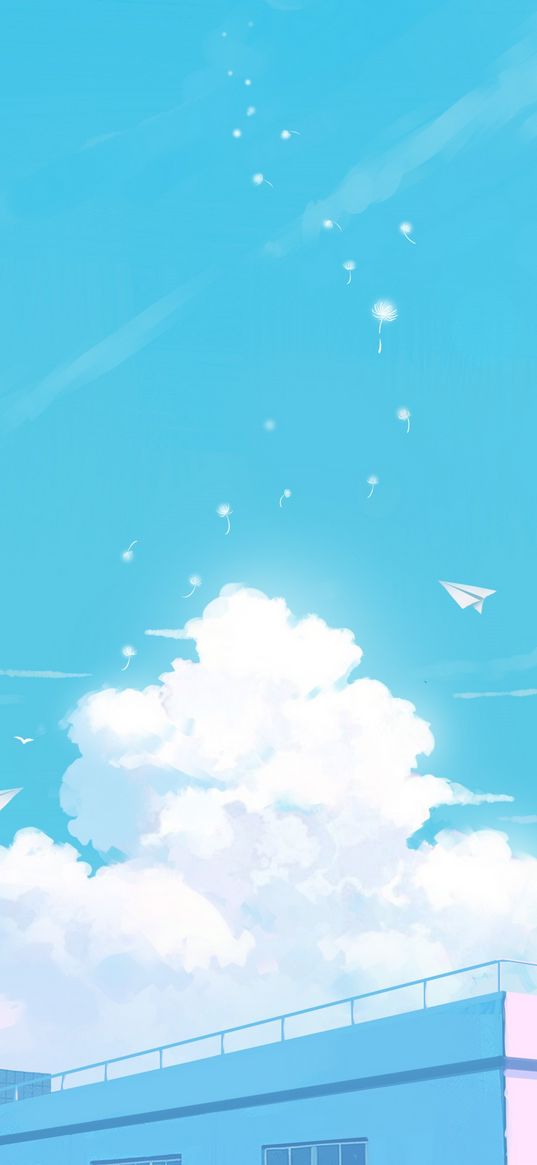 paper airplanes, dandelions, flying, roof, clouds, blue sky, anime, art