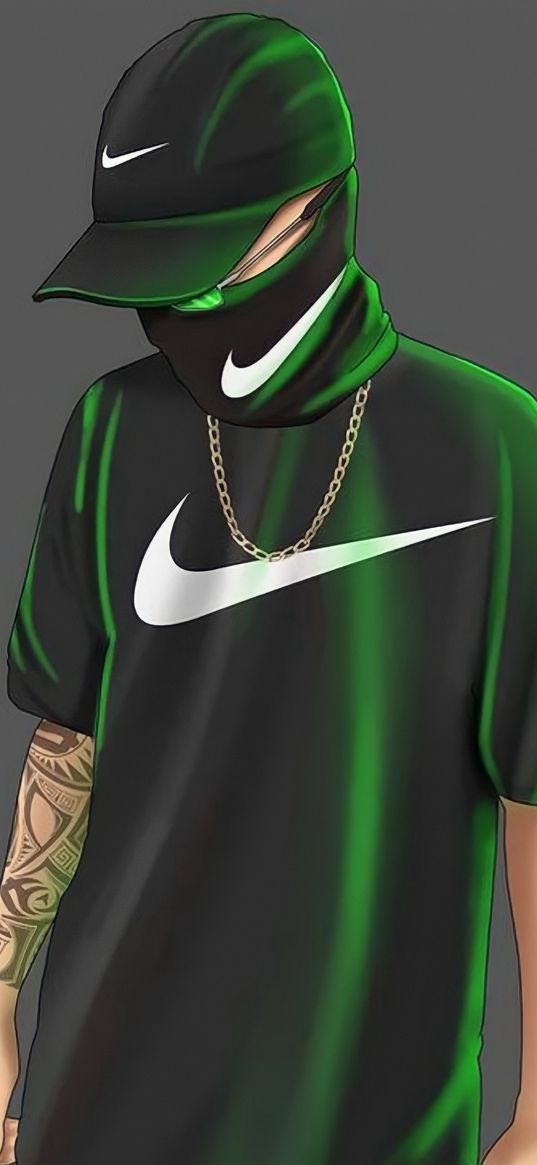 guy, cap, t-shirt, green, nike, chain, tattoo, fashionable, stylish, art