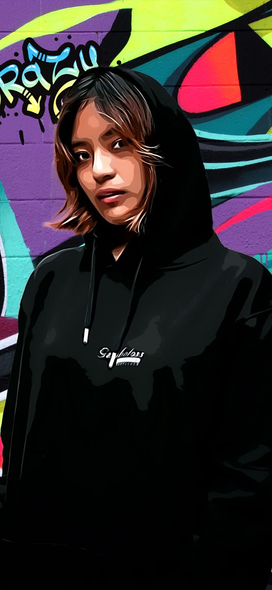 girl, hoodie, graffiti, art